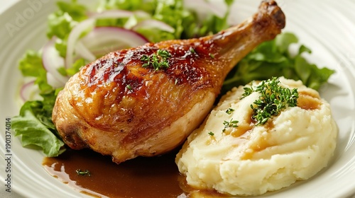 Grilled Chicken with Mashed Potatoes and Fresh Salad Garnish with Gravy