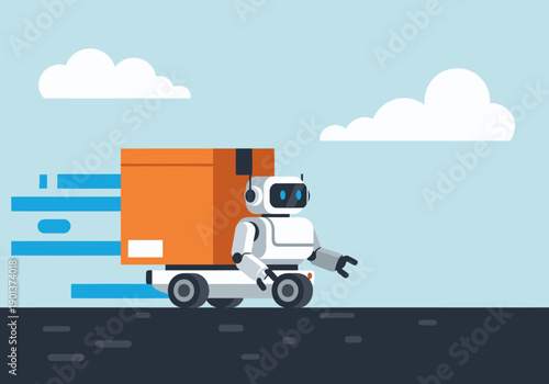 A futuristic robot delivery truck swiftly transports a box across a stylized road. Modern, vibrant, and conveying speed and efficiency. Perfect for tech and delivery themes.