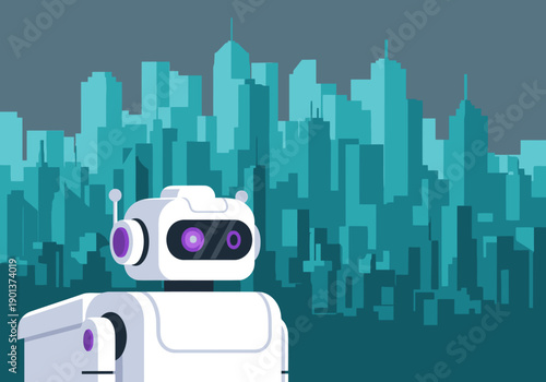 A futuristic robot delivers freight amidst a vibrant cityscape. Modern, digital, and conveying smart city technology. Clean, bold design.