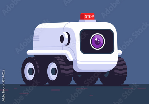 A futuristic robot sensor autonomously delivers packages. Clean, modern design with a stop sign. Ideal for tech, automation, and delivery concepts.