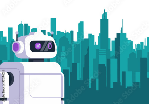 A futuristic robot delivers freight amidst a modern cityscape. Clean lines, vibrant colors, and a dynamic composition create a visually striking smart city scene.