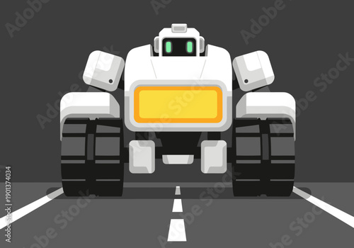 A futuristic robot drives down a road. Clean, modern design with bright colors. Ideal for tech, automation, and innovation visuals.