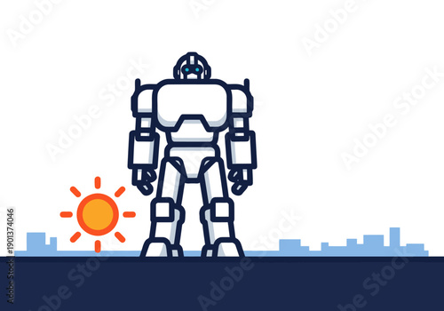 A futuristic robot silhouette stands in a city skyline, bathed in sunlight. Modern, minimalist design with a bright, optimistic feel. Ideal for tech and urban themes.