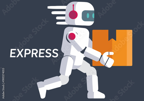 A futuristic robot swiftly delivers a package, showcasing express delivery speed. Modern, vibrant illustration with a dynamic composition.