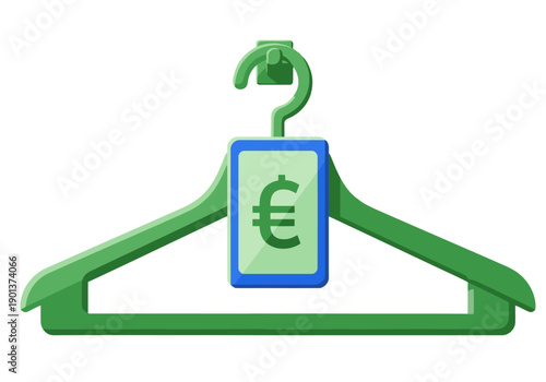 A green hanger displays a smartphone with a Euro symbol. Modern retail tech illustration. Clean, bright, and commercially viable.