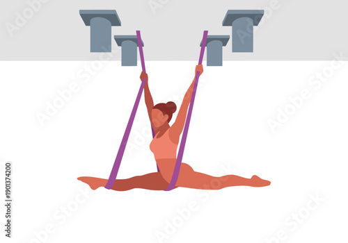 A woman performs an aerial split stretch using resistance bands, demonstrating flexibility. Clean studio backdrop highlights the pose and focus. Modern fitness illustration.