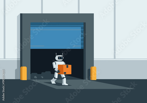 A robot delivers a box through a warehouse exit. Modern, stylized illustration with a focus on logistics and automation. Clean, graphic design.