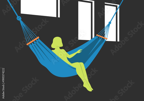 A woman relaxes in a blue hammock swing, enjoying aerial yoga fun. A modern, minimalist setting with windows creates a peaceful atmosphere. Perfect for wellness and relaxation visuals.