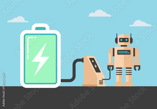 A robot charges at a station, symbolizing automation and power. Modern, flat design illustration. Ideal for tech, robotics, and energy concepts.