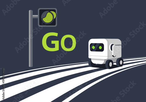 A robot navigates a crosswalk, obeying a red traffic light. ?Go? text emphasizes the action. Modern, graphic style. Suitable for tech and automation themes.