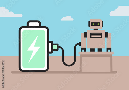 A robot receives power from a charging station. Clean, modern illustration with bright colors. Ideal for tech, automation, and energy concepts.