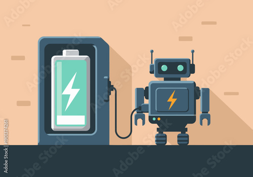 A sleek robot charges at a modern power station. Clean lines, vibrant colors, and a futuristic design create a visually appealing illustration for tech and innovation themes.