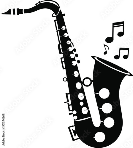 Saxophone single-reed woodwind musical instrument. Saxophone silhouette symbol. 