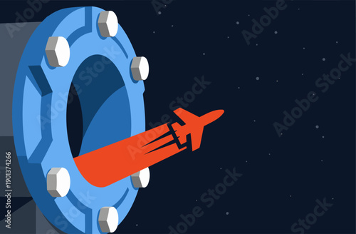 A sleek docking simulator port launches a red airplane through a swirling blue portal into space. A futuristic, dynamic scene with a dark starry backdrop.