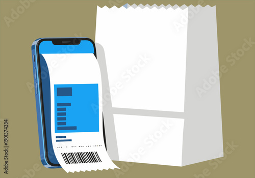 A smartphone displays a digital receipt next to a paper bag. Modern, clean illustration showcasing smart checkout technology. Ideal for business and retail concepts.