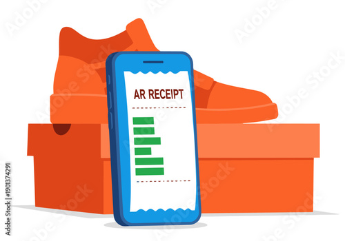 A smartphone displays an AR receipt next to a pair of orange shoes. Clean, modern illustration for digital shopping concepts. Bright colors and clear composition.