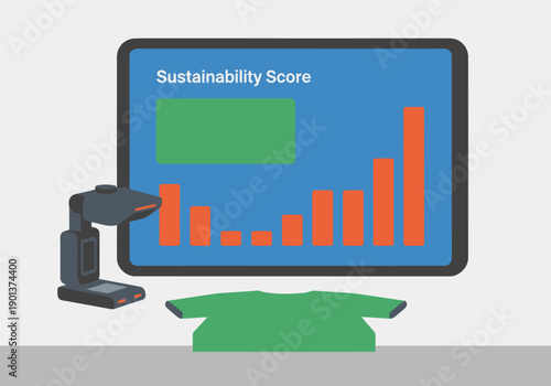A tablet displays a sustainability score chart alongside clothing and cotton, showcasing ethical fashion data. Modern, digital concept.