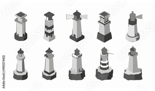 Modern minimalist isometric lighthouse symbol set vector illustration for maritime and coastal designs