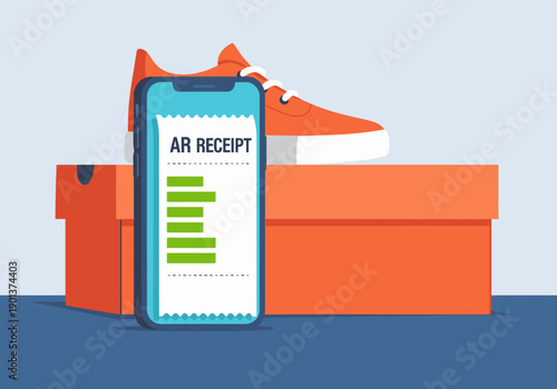 A vibrant AR receipt displays a shoe purchase, showcasing augmented reality shopping. Clean, modern design with a bright, digital aesthetic. Ideal for e-commerce and tech visuals.