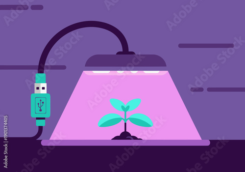 A USB grow light illuminates a seedling in a modern, stylized illustration. Clean lines and a vibrant color palette create a visually appealing and commercially viable design.