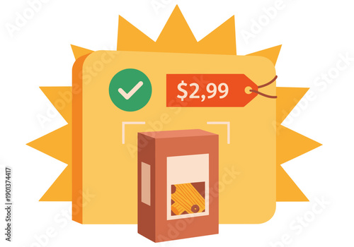 A vibrant food scanner graphic highlights a box of pasta at $2.99. Bold colors and a checkmark emphasize value. Clean, modern design for price comparison.