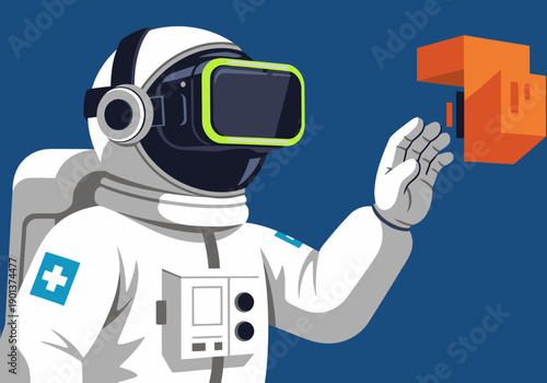 A virtual astronaut interacts with a 3D cube using VR training. Modern, clean design with a futuristic feel. Ideal for tech, education, and training visuals.