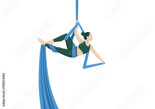 A female yogi performs aerial silks acrobatics, suspended gracefully. Vibrant blues and pinks create a dynamic, visually striking image perfect for fitness and wellness content.