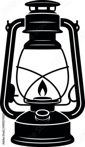 Vintage Kerosene Lantern Vector Icon with Flame Burning, Oil Lamp for Camping and Exploration