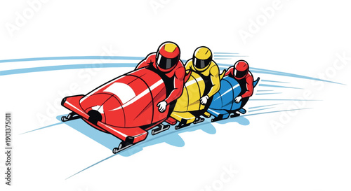 Bobsled team racing down icy track, vector illustration for sports or winter games isolated on White Background