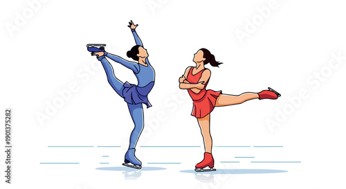 Ice skaters performing, figure skating duo, ice dance, vector illustration for poster or banner isolated on White Background