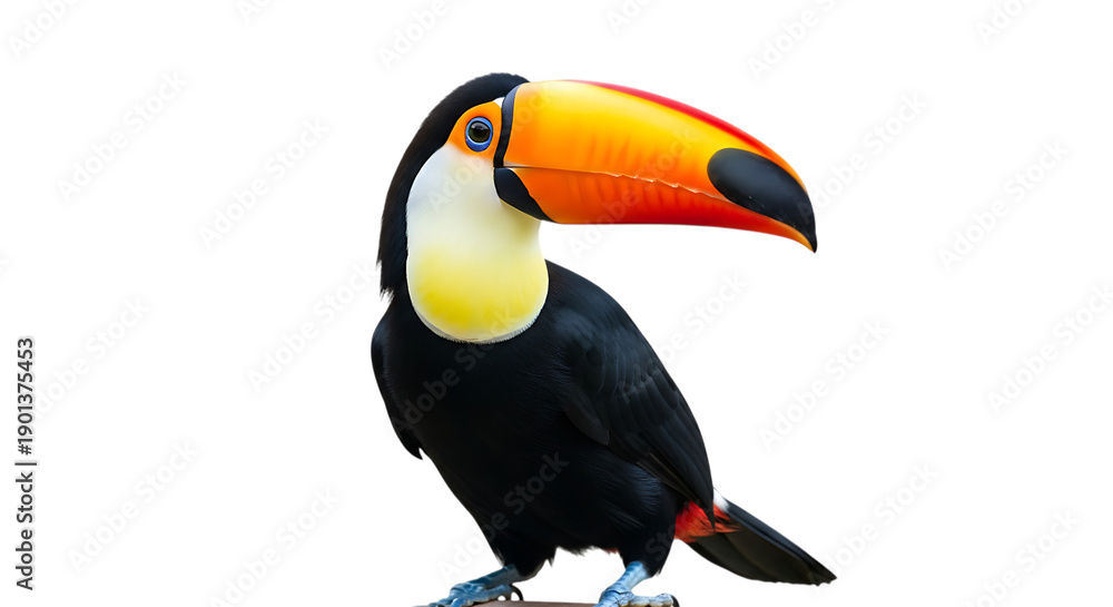 Fototapeta premium Colorful toucan with large beak cut out on PNG. AI GENERATED.