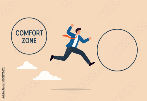 Initiative or unique attitude for leadership, courage or determination to get out of safe zone, limitation or entrepreneurship concept, courage businessman jump out of comfort zone to new chance.