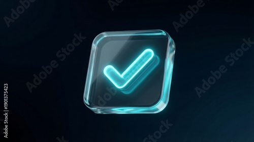 Glowing blue checkmark in a glass box on a dark background neon