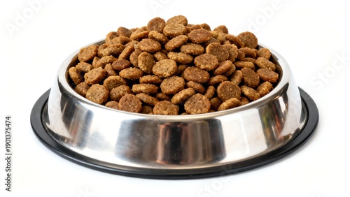 Shiny metal pet bowl full of dry food isolated, dog or cat feeding dish on white background, domestic animal care