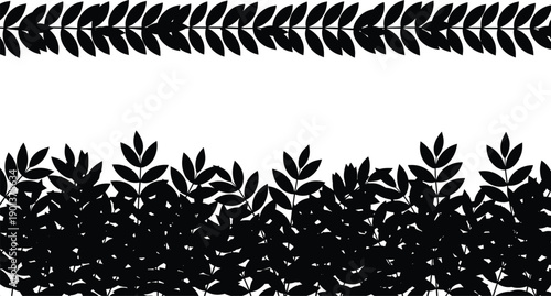 Leaf border silhouette vector set, decorative foliage frame elements, black plant ornament dividers isolated on white background design