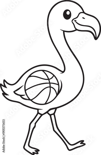 Cute flamingo basketball cartoon outline illustration