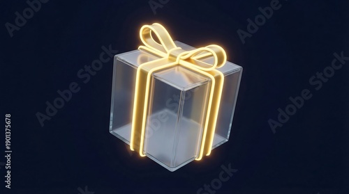 A transparent gift box with a glowing yellow ribbon on a dark background