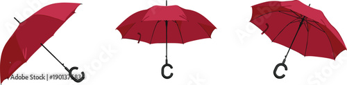 Red umbrella vector illustration set, open and closed rainy weather protection accessory, realistic parasol collection isolated background