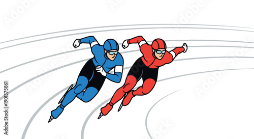 Speed skaters in blue and red suits racing on a track, vector illustration for sports or competition design isolated on White Background