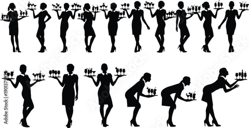 Waitress silhouette set with tray and drinks, female server poses, restaurant hospitality worker vector collection isolated illustration pack