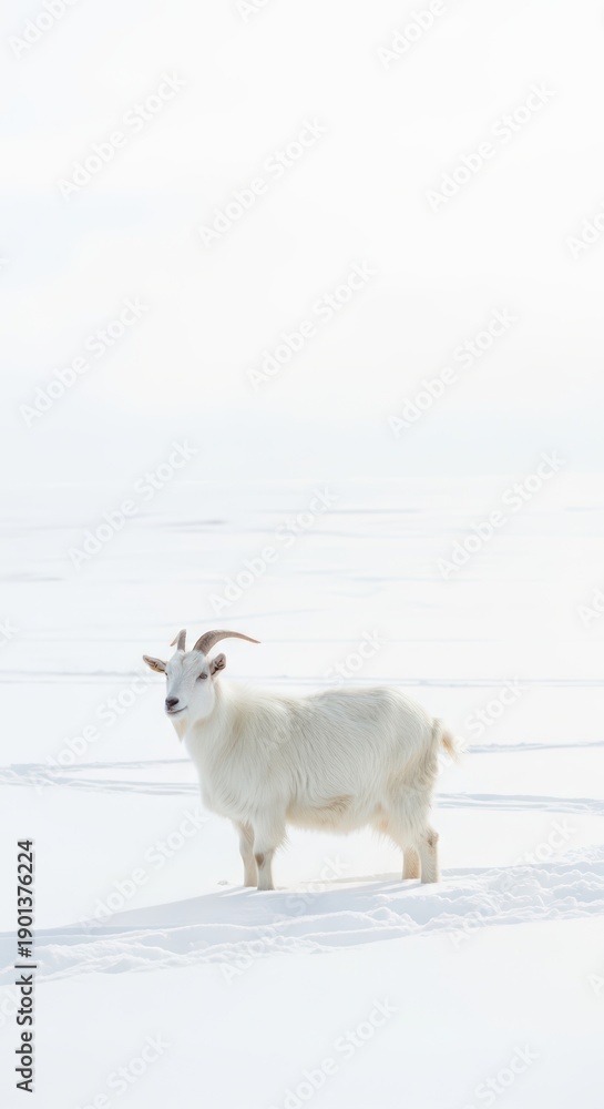 Obraz premium White mountain goat stands on snow-covered terrain in serene winter landscape under overcast sky