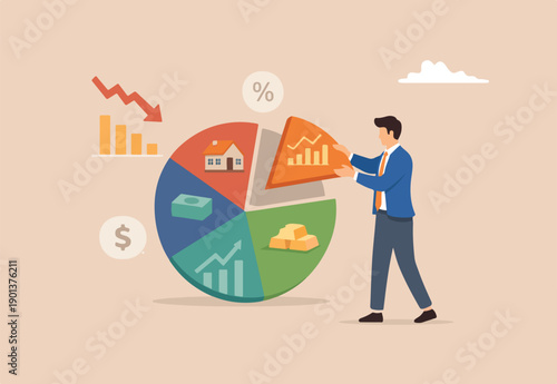 Investment portfolio adjustment, asset allocation rebalance, diversify financial plan for economic recession, inflation and interest rate concept, businessman fund manager adjust portfolio pie chart