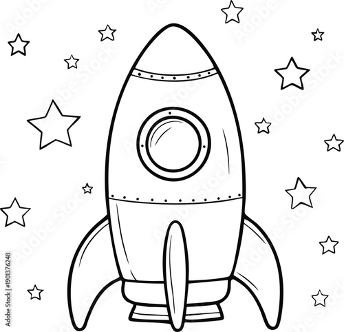 Retro rocket ship illustration with stars simple line art for space exploration and childhood imagination isolated on white