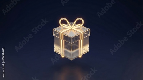 Glowing transparent gift box with neon bow on dark background present illuminated