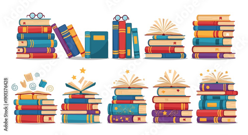Colorful stacked books with reading glasses, bookmarks, and light burst effects, for education or library banner isolated on White Background