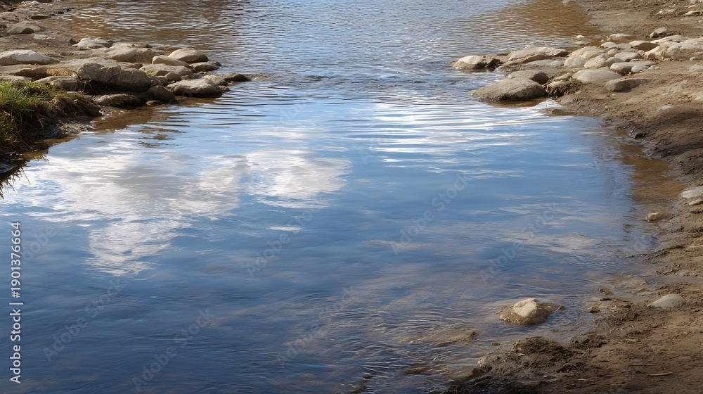 Obraz premium A clear river surface reflecting clouds under a bright blue sky with rocky banks