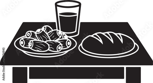 Ramadan Iftar Table Setting: A serene monochrome captures the essence of a traditional Ramadan Iftar setting, featuring dates, bread, and a glass of water arranged neatly on a table.