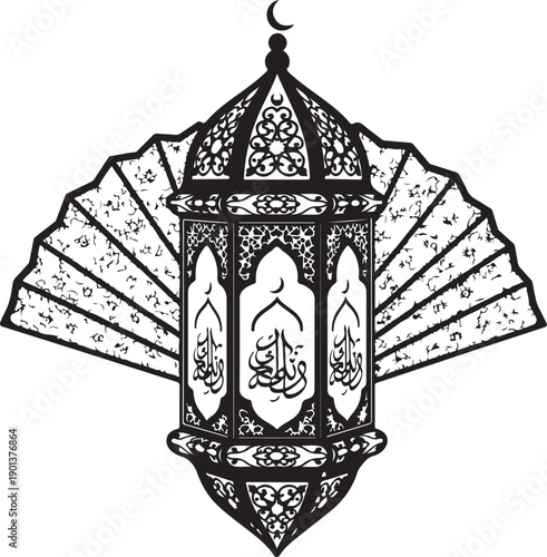 Ornamental Lantern: Intricate details adorn an ornamental lantern, featuring delicate arabesque patterns and a crescent moon, evoking a sense of cultural heritage.