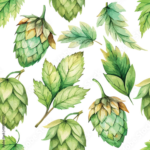 Green Hops Botanical Watercolor Seamless Pattern