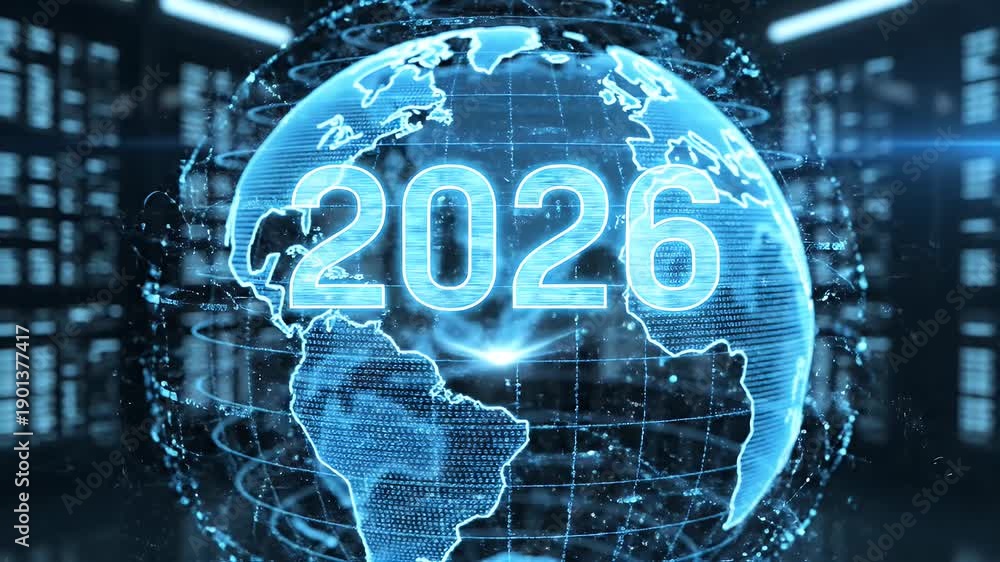 Digital Globe Representing Year 2026 - A futuristic digital video of a ...